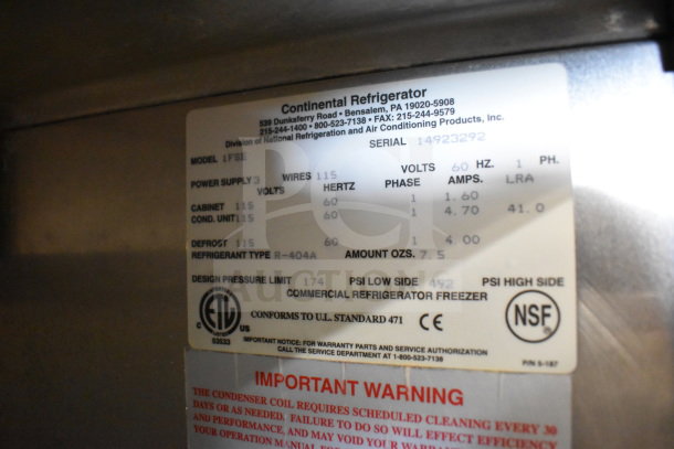 Continental 1FSE Commercial Single Door Reach In Freezer label detailing model, voltage (115V), phase (1), and refrigerant type (R-404A).