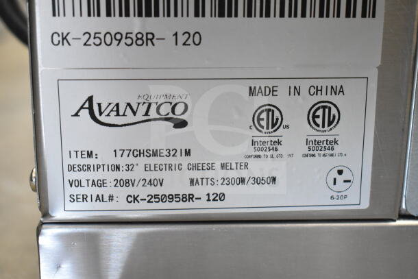 BRAND NEW Avantco 177CHSME32IM 32" Electric Cheese Melter, 208/240V, 2300W/3050W, scratch and dent condition, label shown.