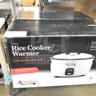 Brand new Avantco 177RCB124 electric rice cooker, 124-cup capacity, removable lid, 240V, stainless steel, non-stick interior.