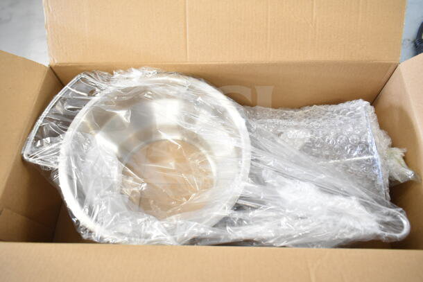 Brand new Choice 407FM2 stainless steel rotary food mill in box, includes 3 sieves, 2 Qt. capacity, scratch and dent condition.