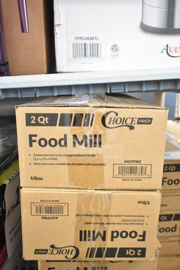 2 new Choice 407FM2 stainless steel rotary food mills, 2 qt. capacity, 3 sieves, in box. Scratch and dent condition.