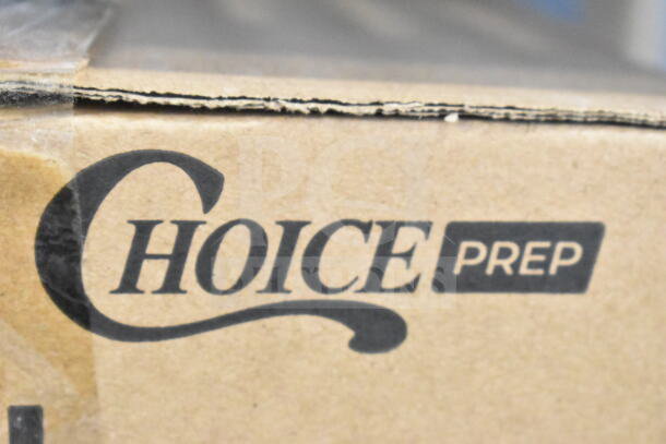"Choice Prep" branded box for 2 qt. stainless steel food mill with 3 sieves, new with scratch and dent.