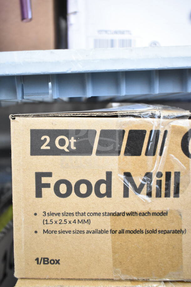 2 Qt. Choice 407FM2 stainless steel food mill, new, scratch and dent. Includes 3 sieves (1.5, 2.5, 4 mm). Boxed.