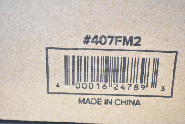 Alt text: "Box label showing #407FM2 rotary food mill barcode, made in China."