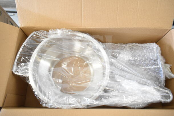 2 new Choice 407FM2 stainless steel rotary food mills in box, 2 qt. capacity, includes 3 sieves, scratch and dent.