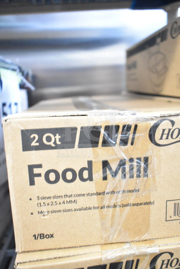 2 Qt. Choice 407FM2 stainless steel rotary food mill with 3 sieves, in packaging, new scratch and dent condition.