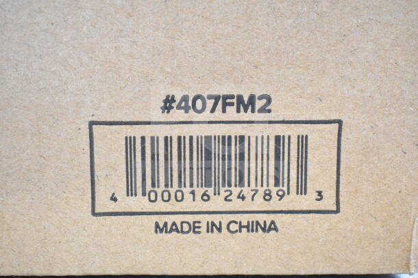 Alt text: Barcode and label reading "#407FM2 Made in China" on packaging of Choice 407FM2 stainless steel food mill, 2 qt. capacity.