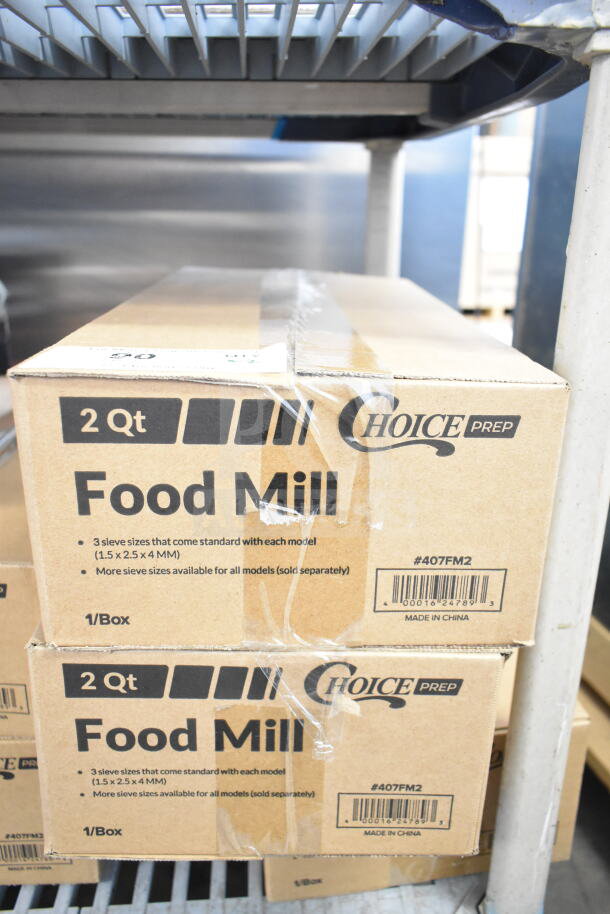 2 new Choice 407FM2 stainless steel rotary food mills, 2 qt capacity each, with 3 sieves. Scratch and dent condition.