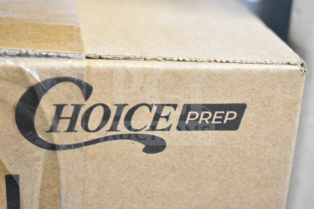 "Choice Prep" branded box containing 2 new stainless steel rotary food mills, 407FM2 model, 2 Qt. capacity, 3 sieves.