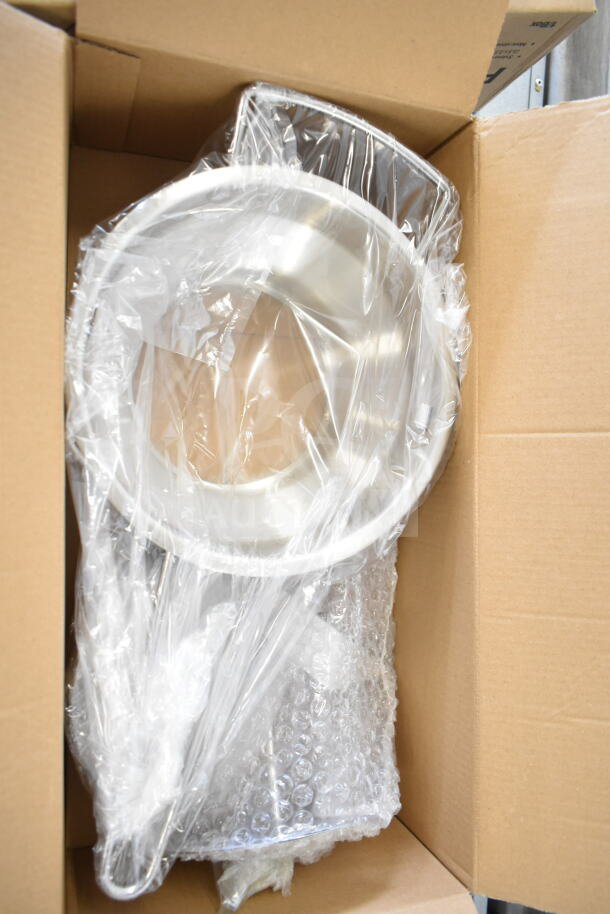 Stainless steel rotary food mill in packaging, 2 Qt. Capacity, includes 3 sieves. Brand new, scratch and dent condition.