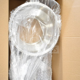 Stainless steel rotary food mill in packaging, 2 Qt. Capacity, includes 3 sieves. Brand new, scratch and dent condition.