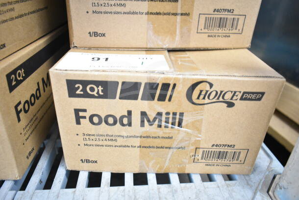 Box of Choice 407FM2 Stainless Steel Rotary Food Mill, 2 Qt. Capacity, with 3 sieves, labeled "Made in China." New condition.