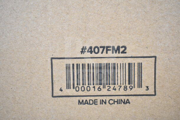 Barcode label showing model #407FM2, indicating a Choice 407FM2 Rotary Food Mill, made in China.
