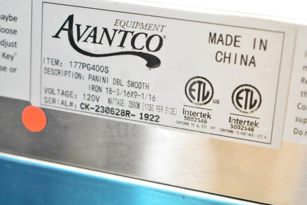 Image of Avantco 177PG400S label. Describes dual panini grill, smooth plates, 120V, serial CK-230628R-1922.
