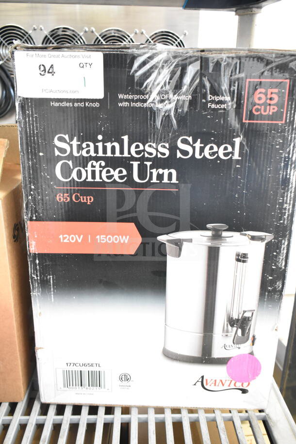 Brand new Avantco coffee urn, 65-cup capacity, stainless steel, waterproof switch, model 177CU65ETL, minor scratches.