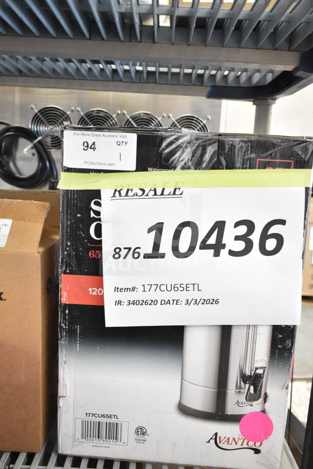 Brand new Avantco 177CU65ETL coffee urn, 65-cup capacity, stainless steel, double wall, scratch and dent, resale marked.