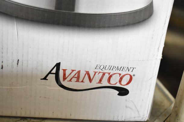 Brand new Avantco 177CU65ETL Coffee Urn, 65 cup capacity, double-wall stainless steel, minor scratches and dents visible.