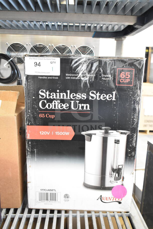 Brand new Avantco 177CU65ETL 65 cup stainless steel coffee urn, 120V/1500W, scratch and dent, waterproof switch, dripless faucet.