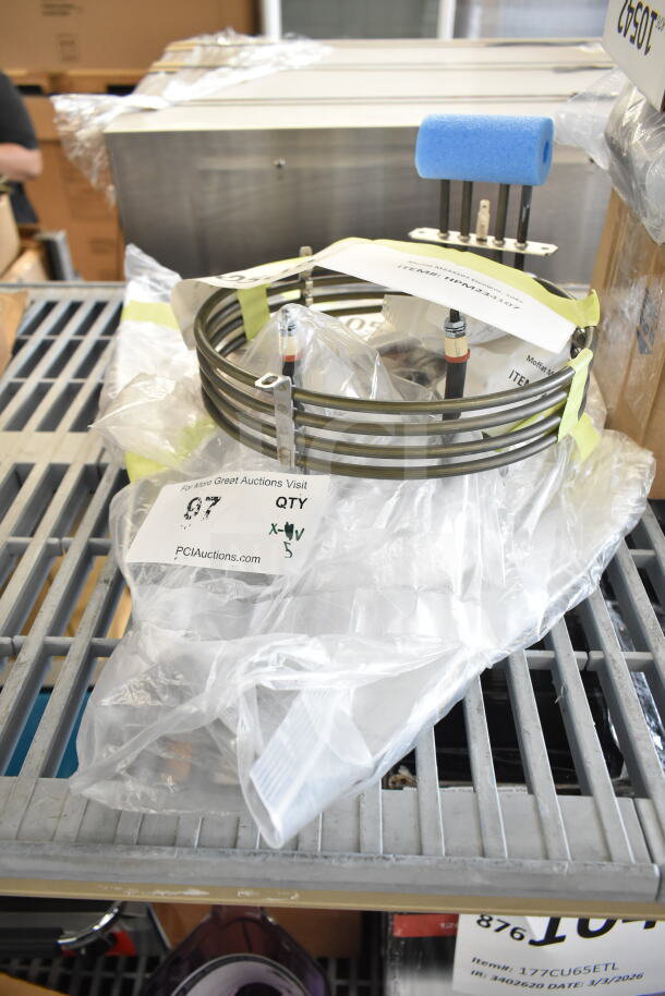 5 brand new scratch and dent items: Moffat M234107 element, Lincoln 370358 thermocouple, Blodgett 30006 gas valve, Moffat M234458 gas valves, Lincoln 370123 kit. Tags show item details and quantities.