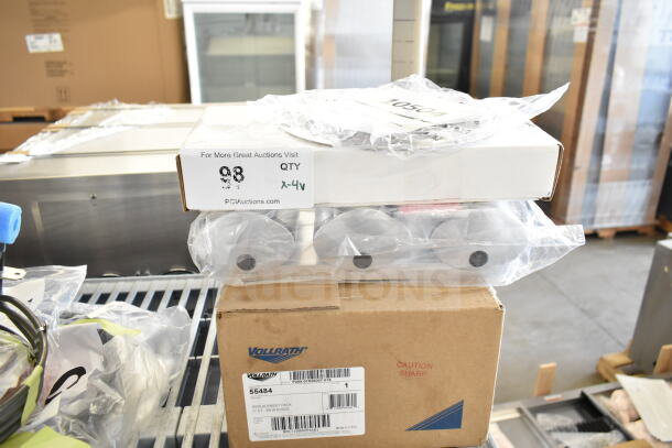 Brand new items on shelf: Zumex 07902 shredder disc, Lincoln CK11010005780 control board, Aviva soap dispenser, Vollrath pusher head.