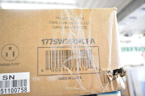 Brand new Avantco 177SW36INCPA 36" strip warmer box with visible scratch and dent; includes adjustable control and cord.
