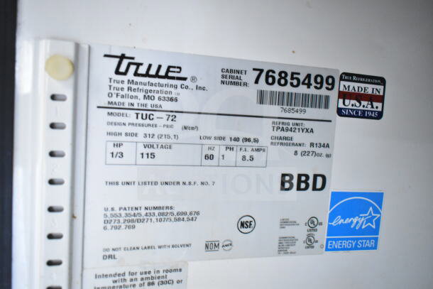 True TUC-72 commercial undercounter cooler label, showing model, voltage 115V, phase 1, made in USA, Energy Star certified.