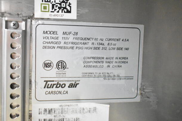 Turbo Air MUF-28 undercounter freezer label, 115V, 1 Phase, R-134a refrigerant, 8.5 oz, certified standards, assembled in China.
