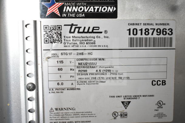 2021 True STG1F-2HSLH-HC commercial freezer label, 115V, 1 phase, model and compressor details, NSF/ANSI listed.