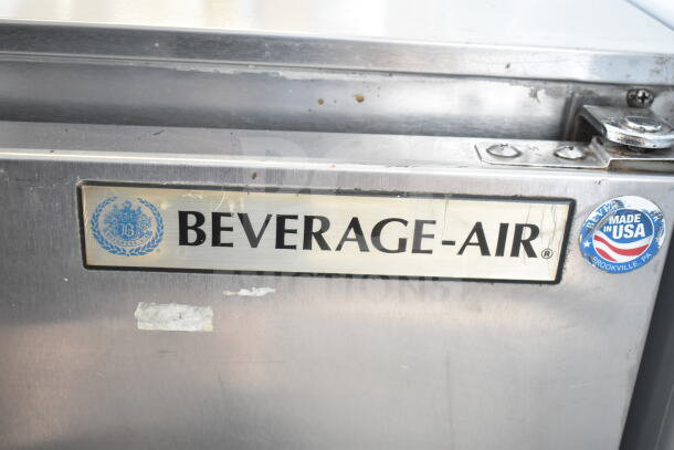 Beverage Air UCR48A undercounter cooler, 2 doors, stainless steel with logo, "Made in USA" sticker, on casters. 115V, 1 Phase.