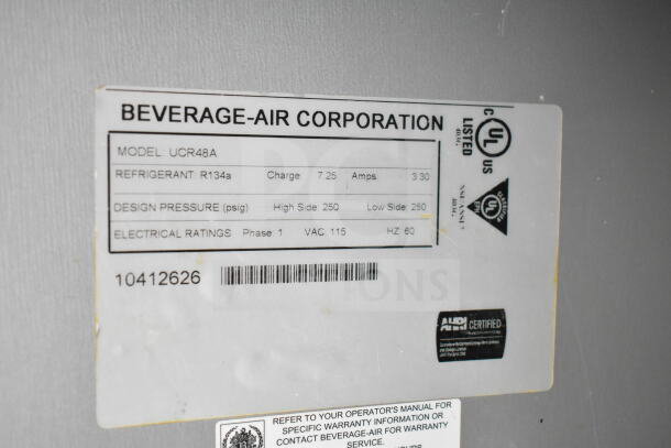 Beverage Air UCR48A cooler label, showing model, refrigerant R134a, 115V, phase 1, design pressure and certification marks.