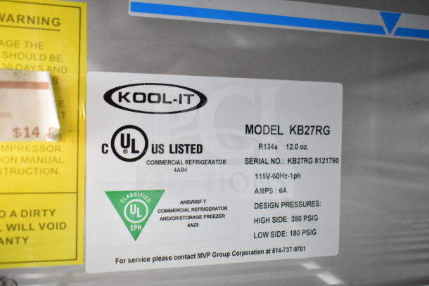 Kool-it KB27RG commercial cooler label displaying model, UL certification, 115V, 6A, serial number, design pressures.