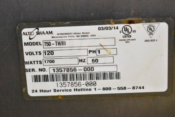 Alto Shaam 750-TH/III label showing model, 120 volts, 1700 watts, serial number 1357856-000, UL listed.