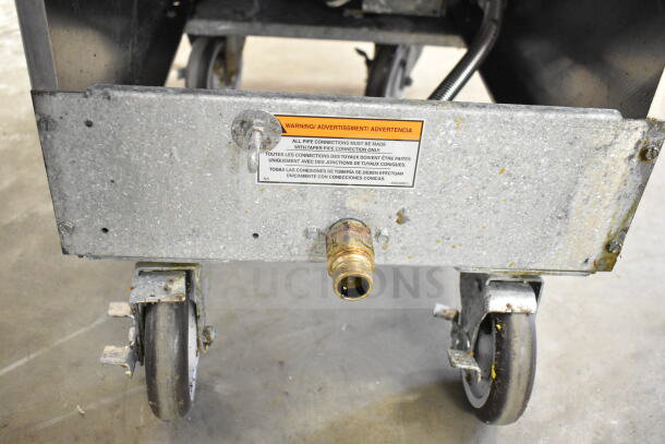 2017 Pitco Frialator 45C commercial gas fryer on casters. 122,000 BTU. Warning label indicates taper pipe connections required.