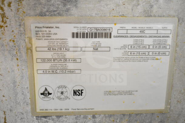 Label of 2017 Pitco Frialator 45C deep fryer; specs include 122,000 BTU, natural gas, 42 lb capacity. Model and safety info shown.