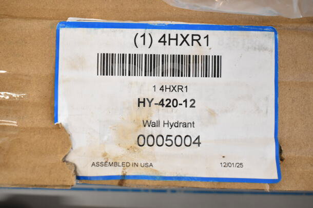 Box label for Watts 12" Wall Hydrant model HY-420-12. Assembled in USA. Scratch and dent, new condition.