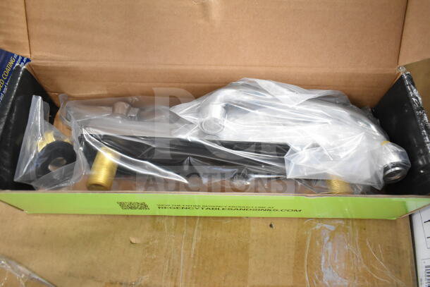 Brand new Regency 600FD86 deck-mounted faucet, 8" centers, 6" swing spout, in original packaging; some scratches and dents noted.