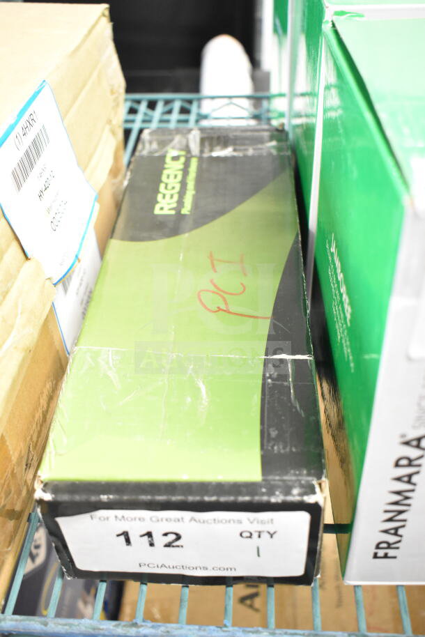 Brand new Regency 600FD86 deck-mounted faucet in box. Features 8" centers, 6" swing spout. Scratch and dent condition.