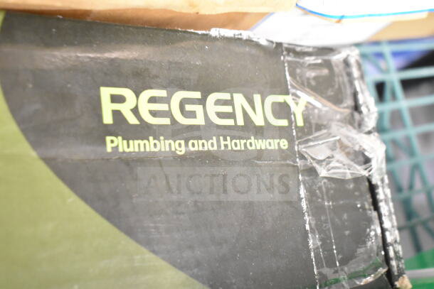 BRAND NEW SCRATCH AND DENT! Regency 600FD86 deck-mounted faucet box, visible label reads "Regency Plumbing and Hardware."