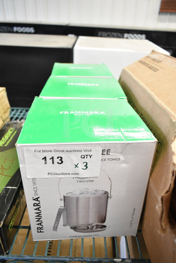 3 Franmara 9283 Jamboree 2 Qt. ice buckets, brushed stainless steel, double wall, with lid and tongs, scratch and dent.