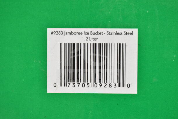 Franmara 9283 Jamboree Ice Bucket barcode on green background, labeled stainless steel, 2 liter capacity.