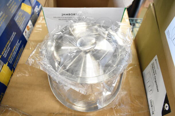 Franmara 9283 Jamboree 2 Qt. ice bucket, brushed stainless steel, double wall, lid, tongs, new, box shows "scratch and dent."