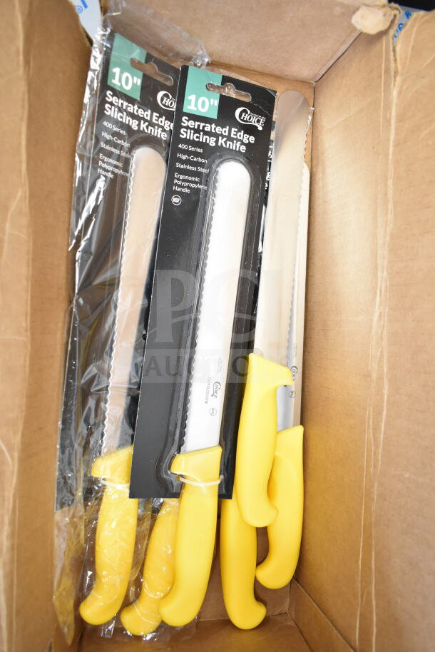 6 brand new Choice 220KSLCS10YW 10" serrated edge bread knives with yellow handles in packaging, showing tags and labels indicating high-carbon stainless steel.