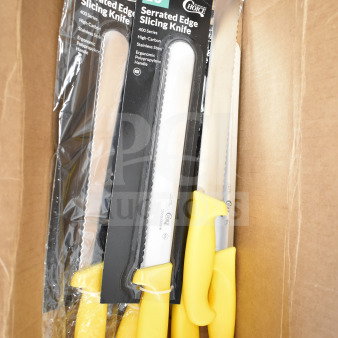 6 brand new Choice 220KSLCS10YW 10" serrated edge bread knives with yellow handles in packaging, showing tags and labels indicating high-carbon stainless steel.