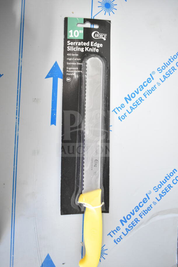 10" Choice serrated slicing knife, yellow handle, high-carbon stainless steel, ergonomic, brand new in packaging.