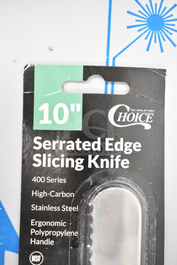 6 new Choice 220KSLCS10YW 10" serrated slicing knives, yellow handle. High-carbon stainless steel, ergonomic grip.