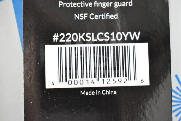 NSF certified 10" serrated bread knife with yellow handle, model #220KSLCS10YW, made in China, barcode visible.