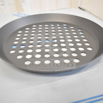 Box of 12 Vollrath PC08XPHC 8" perforated aluminum pizza pans, new with minor scratches, hard coat anodized.