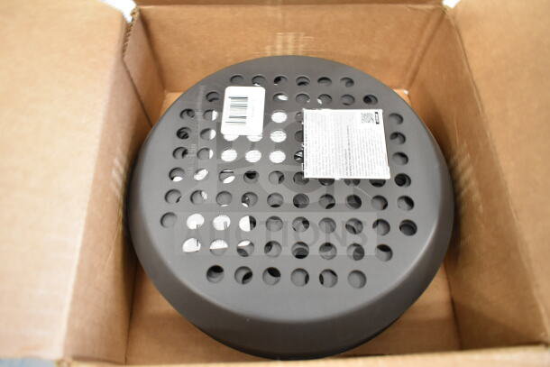 Box of 12 Vollrath 8" perforated aluminum pizza pans, new with scratch and dent, in original packaging.