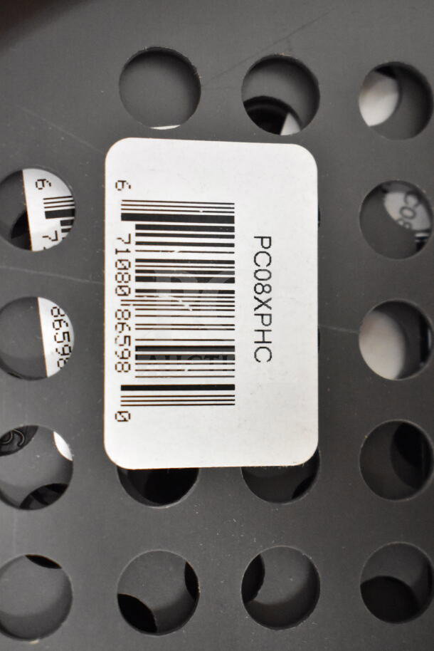 Box of 12 new Vollrath PC08XPHC 8" perforated aluminum pizza pans with barcode label visible.