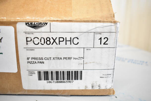 Box of 12 Vollrath PC08XPHC 8" perforated pizza pans, hard coat anodized aluminum. New, scratch and dent condition.